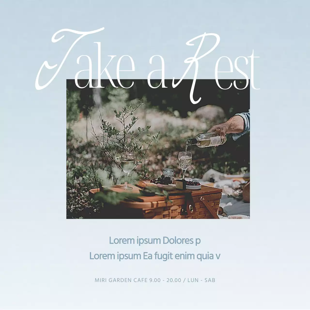 Promuovete gli orari di apertura della vostra caffetteria con un moderno design bianco e azzurro