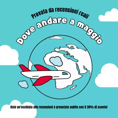 Un annuncio semplice, azzurro e bianco, per le principali destinazioni di maggio.