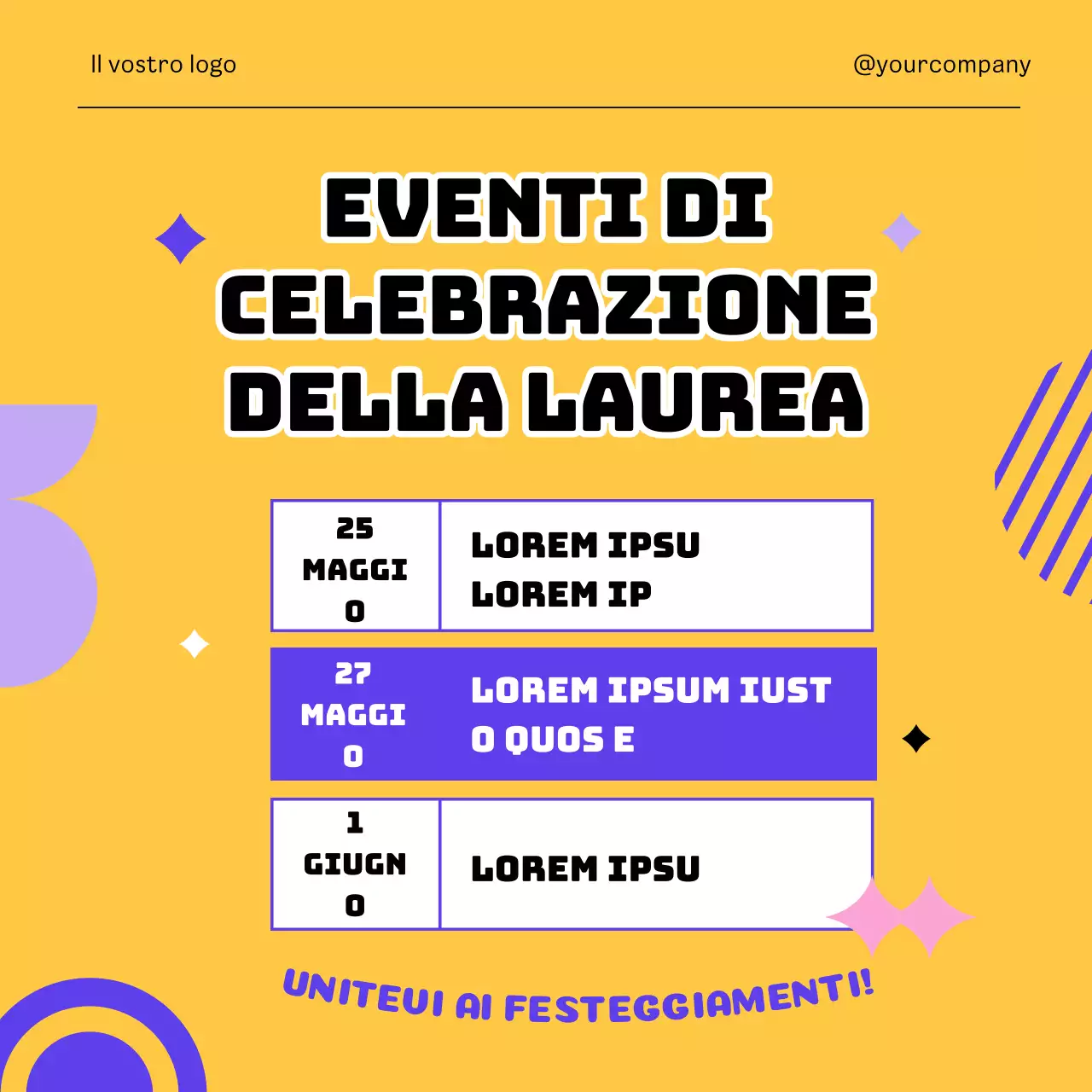 Pubblicità blu e gialla per la stagione delle lauree