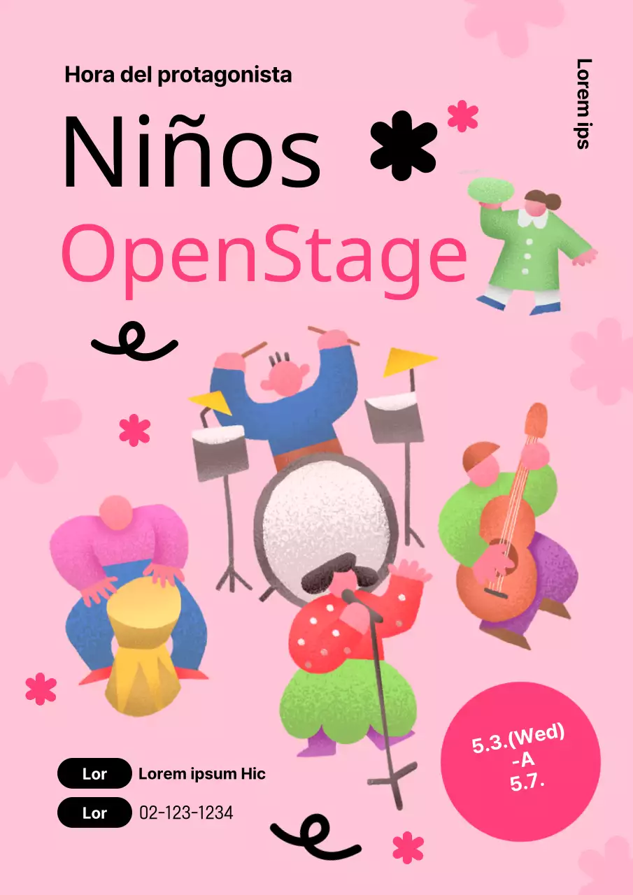 Bonito cartel rosa y negro para promocionar un espectáculo del Día del Niño