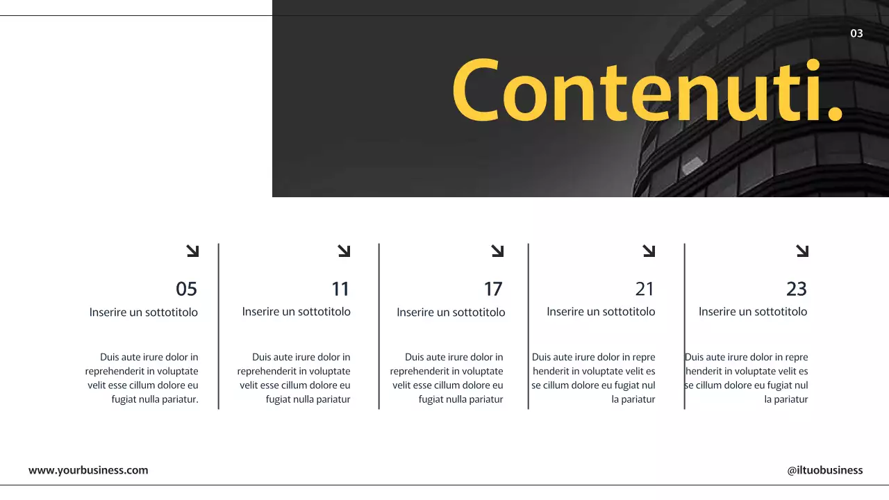 Pagine di presentazione aziendale moderne giallo nero con vari layout