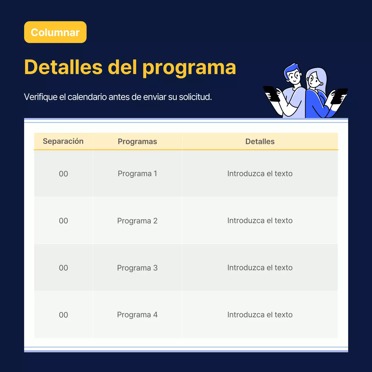 Anuncios con una mesa sencilla en azul marino y amarillo