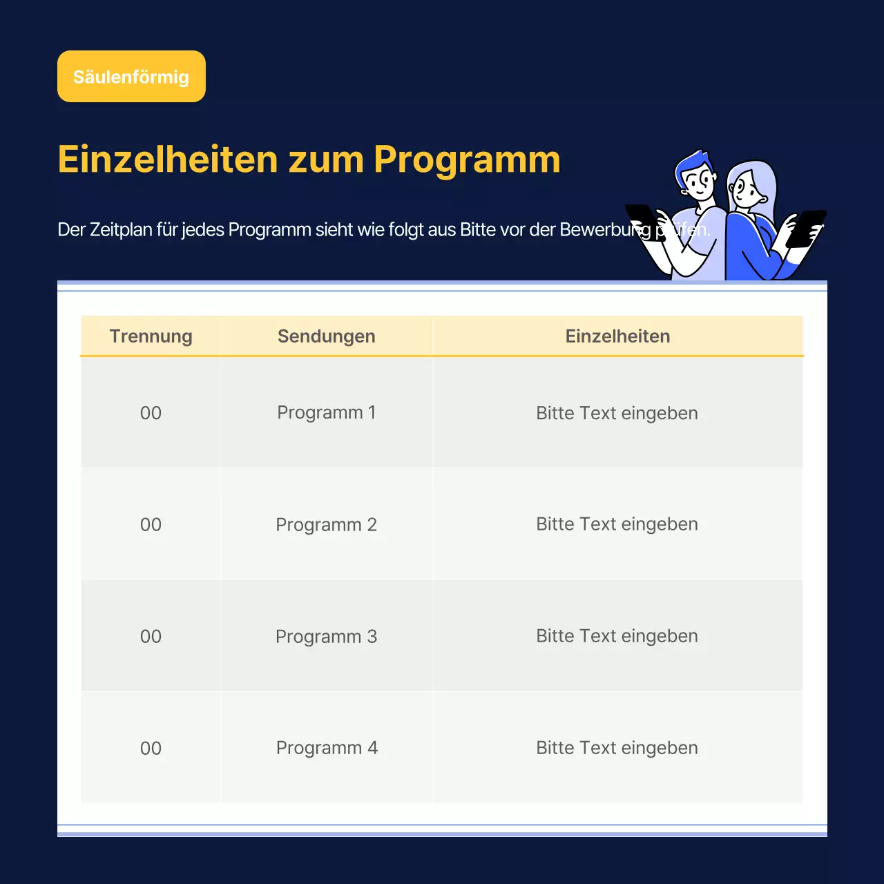 Ankündigungen mit einem einfachen Tisch in Marineblau und Gelb
