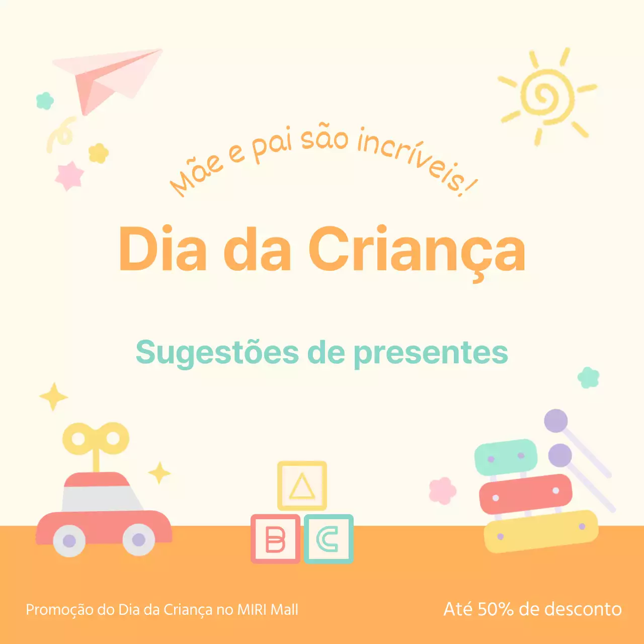 Promoção de um centro comercial para o Dia da Criança em marfim e laranja