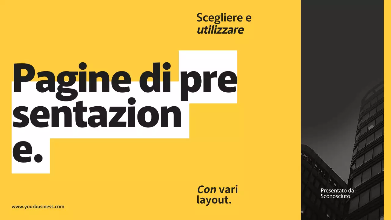 Pagine di presentazione aziendale moderne giallo nero con vari layout