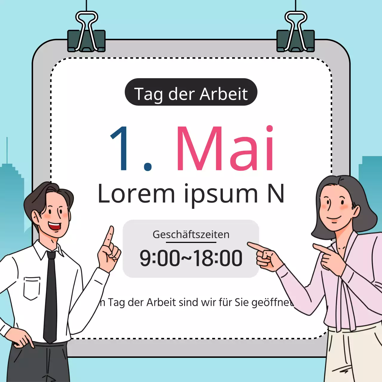 Eine einfache hellblau-graue Ankündigung zum Tag der Arbeit