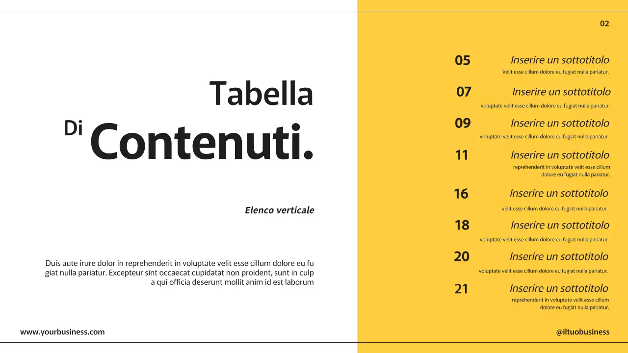 Pagine di presentazione aziendale moderne giallo nero con vari layout