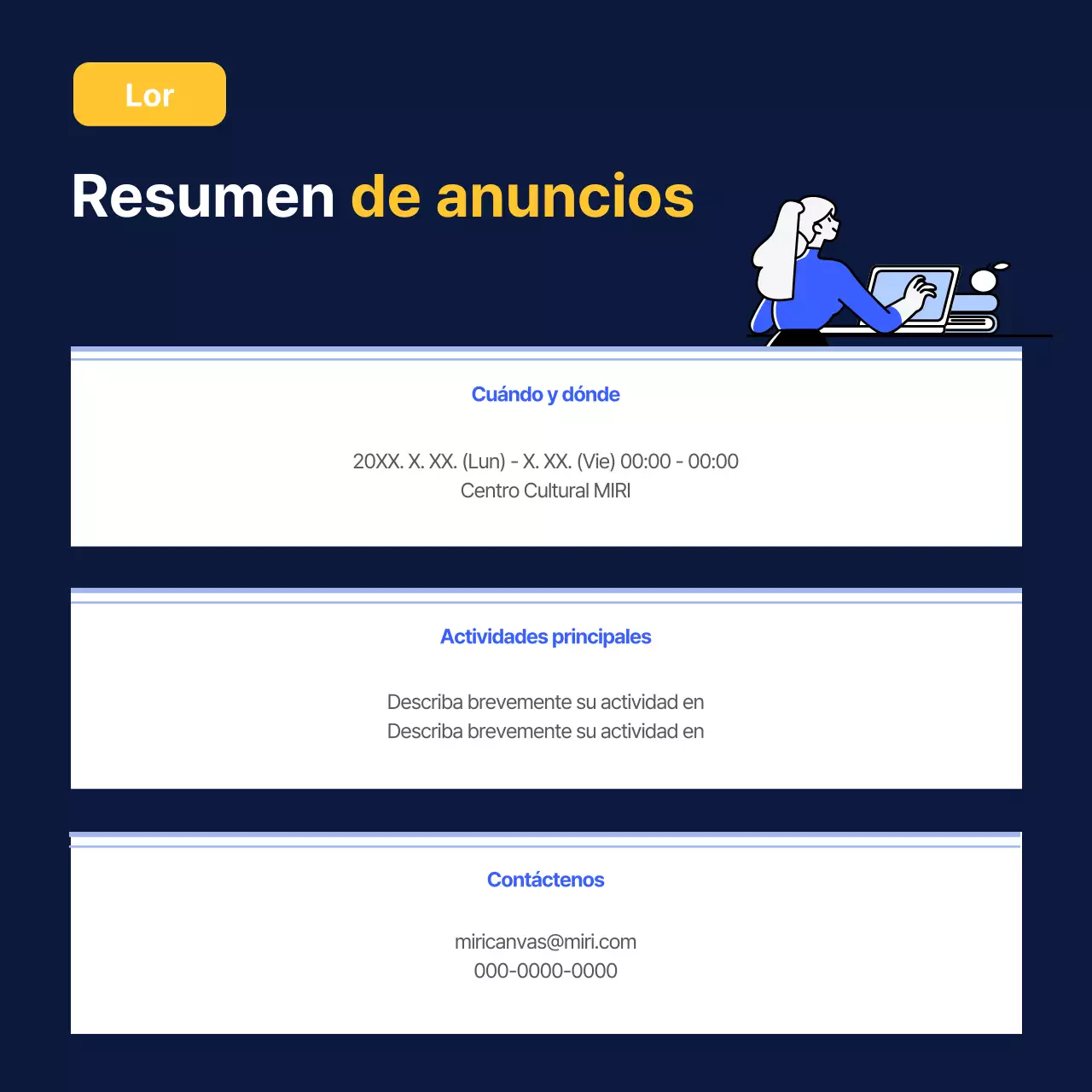 Anuncios con una mesa sencilla en azul marino y amarillo