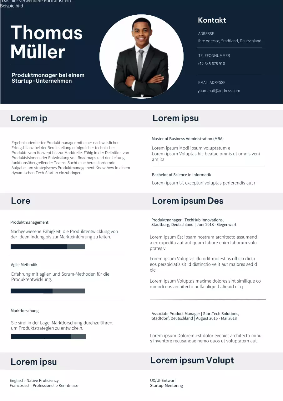 Modernes Produktmanager-Portfolio in Blau und Weiß