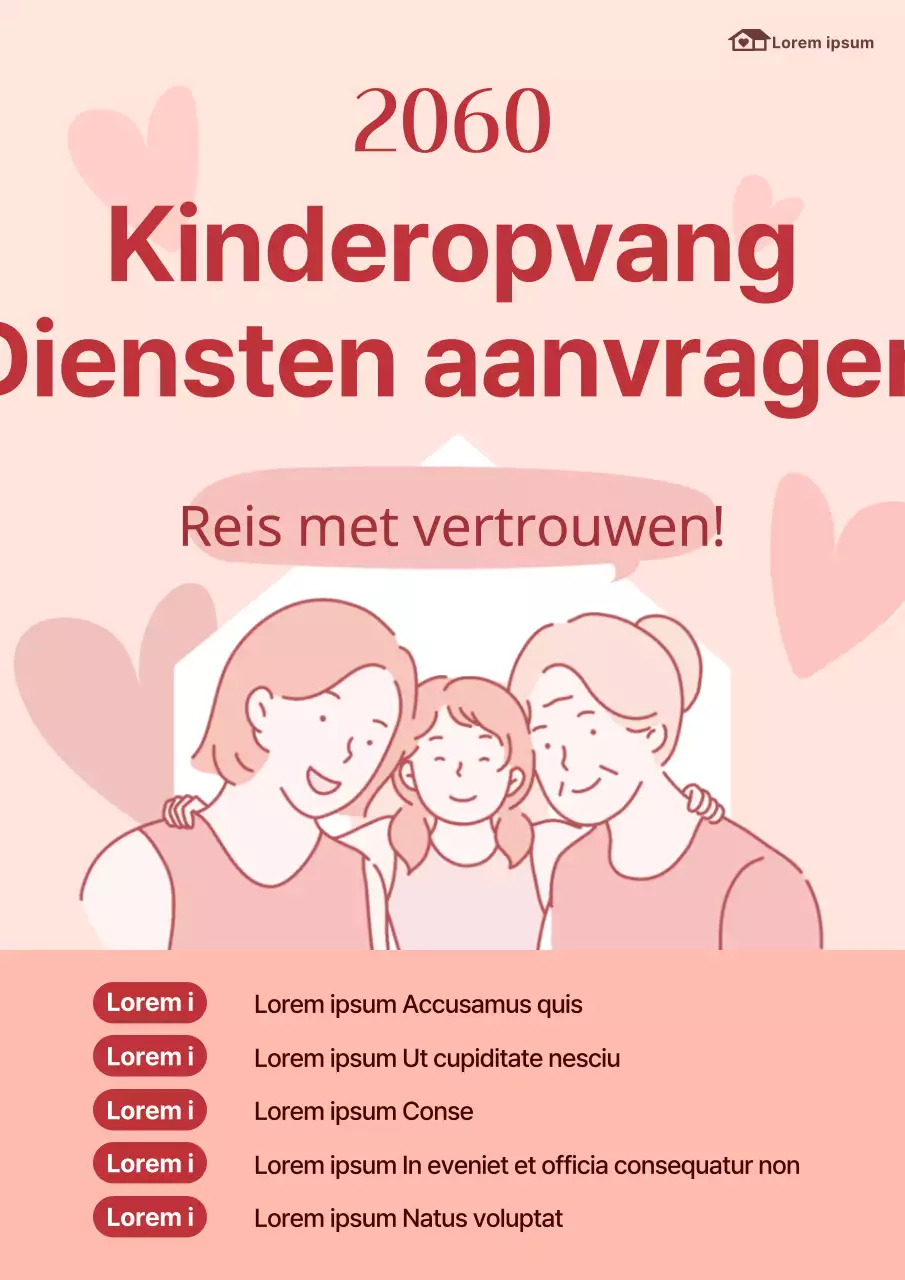 Een leuke rode en roze flyer om je in te schrijven voor oppasdiensten