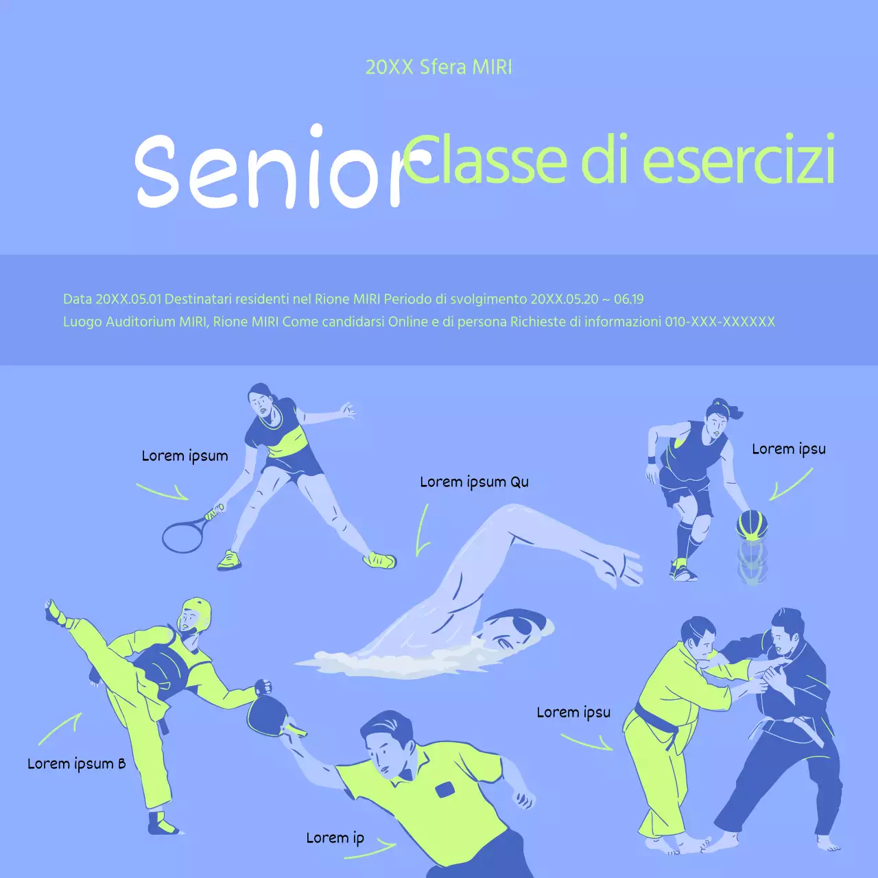 Pubblicità minimalista del corso di ginnastica per anziani in verde lime e blu