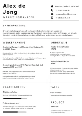 Portfolio voor marketingmanager in wit en zwart