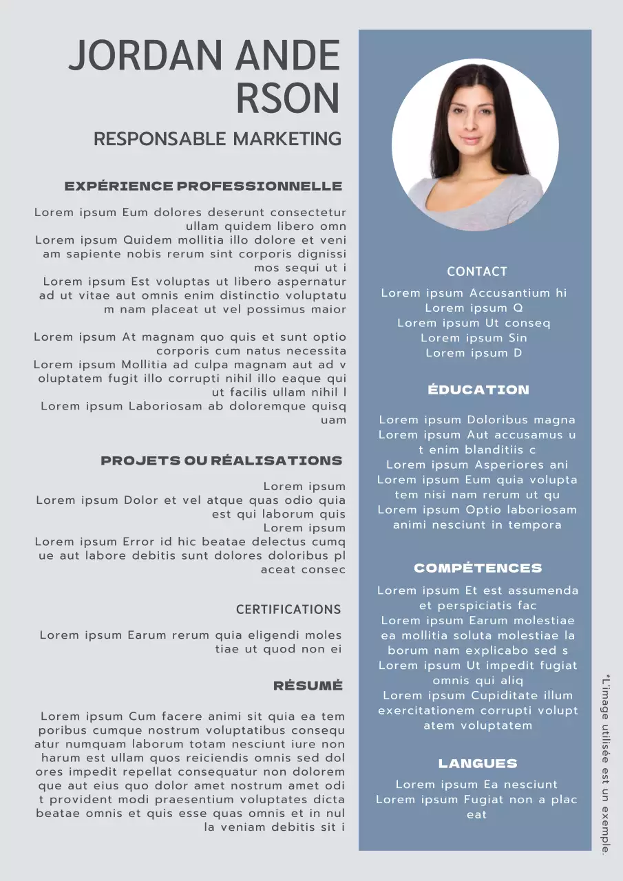 Introduction à un CV de responsable marketing moderne, bleu et gris