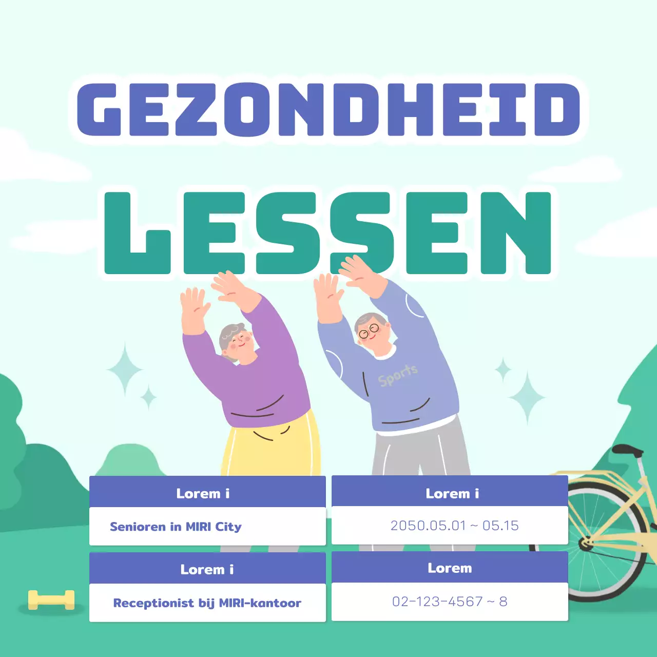 Promoot bewegingslessen voor senioren met groene en blauwe accenten