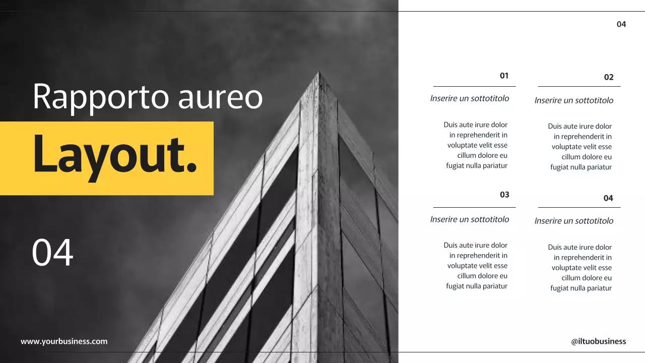 Pagine di presentazione aziendale moderne giallo nero con vari layout