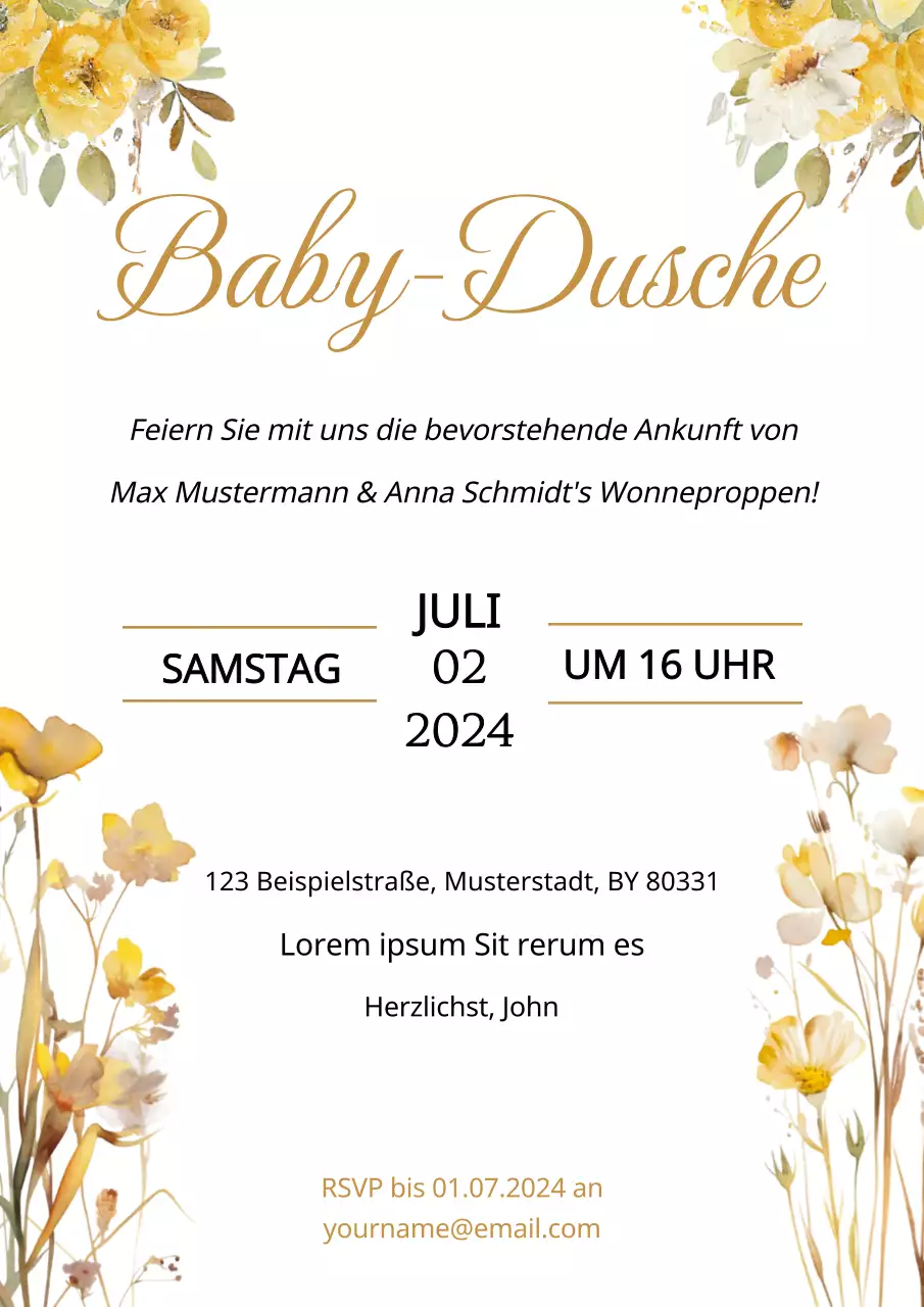 Gelbe natürliche Baby-Dusche-Einladung