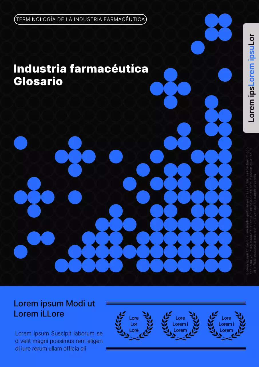 Moderna cubierta de glosario de la industria farmacéutica en azul y negro