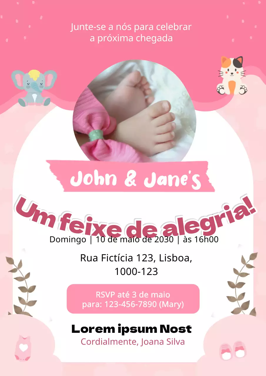 Folheto de convite para chá de bebé moderno cor-de-rosa