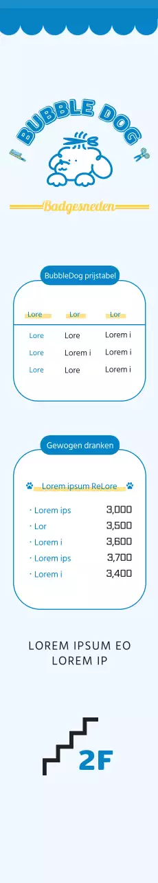 2024 Ontwerp van een bewegwijzeringsbanner met een prijslijst van een trimsalon met puppy-illustratie en een schattig lettertype voor hondendagverblijven