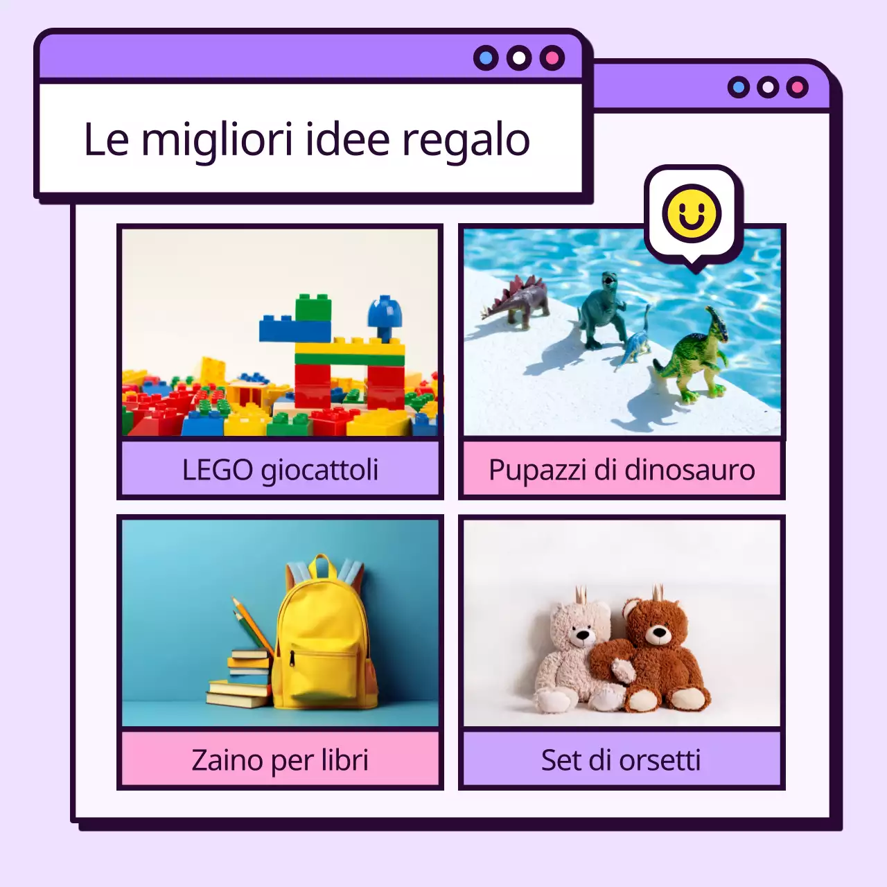 Idee regalo kitsch per la festa del bambino in viola e rosa