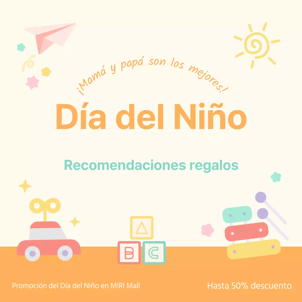 Promocione un bonito Día del Niño en el centro comercial en marfil y naranja