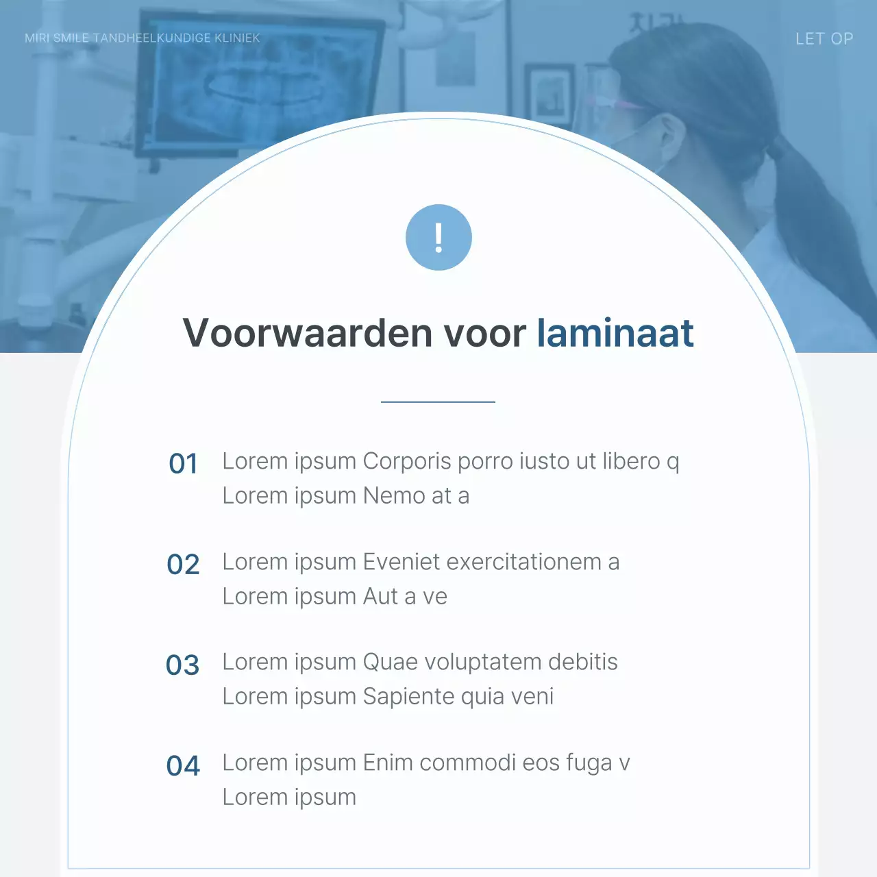 Eenvoudige tandheelkunde in wit en lichtblauw om de informatiegids voor ziekenhuisprocedures te promoten