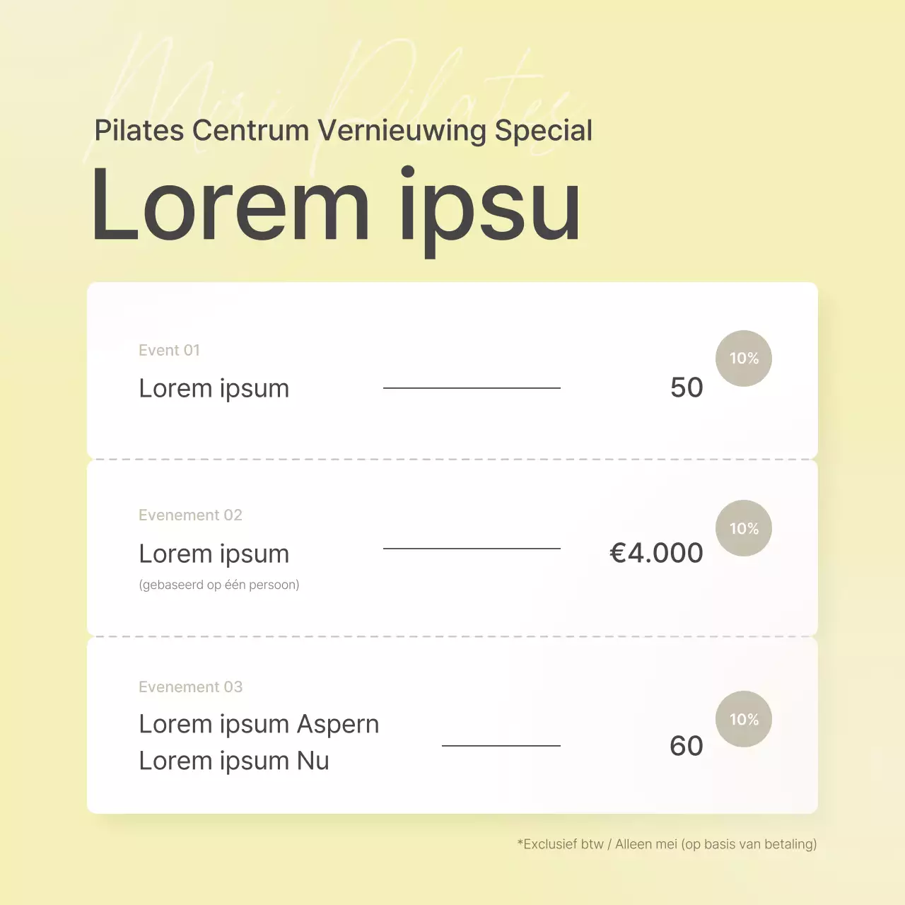 Modern Pilates in Beige en Geel Social Media Marketing Prijzen en Promotie van evenementen