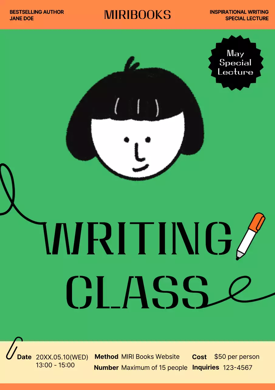 주황색과 초록색의 귀여운 글쓰기 클래스 홍보 포스터