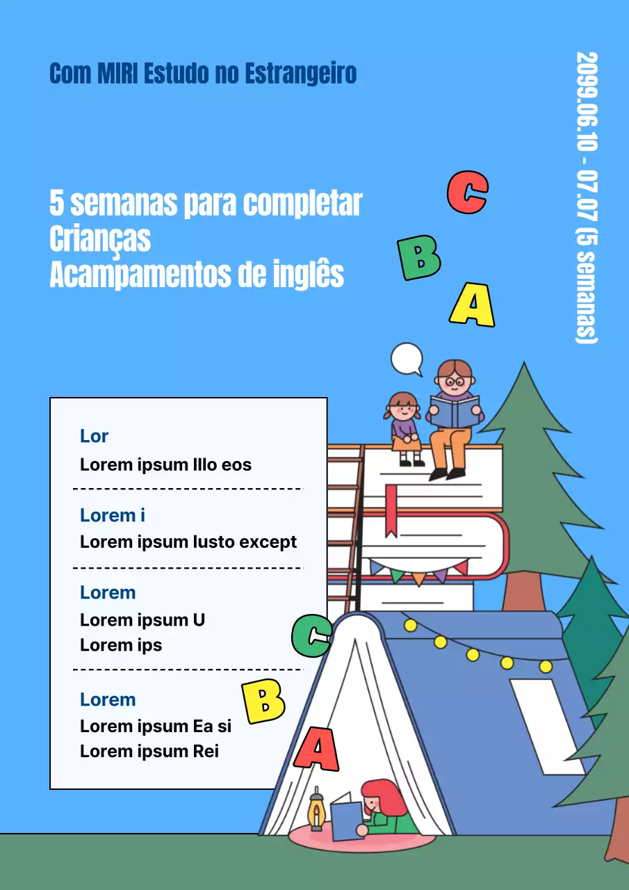 Folheto promocional para um campo de férias de verão para crianças em inglês sobre um fundo azul claro
