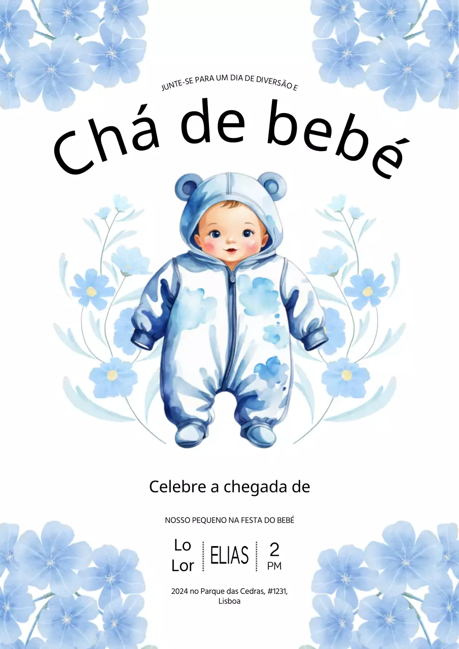Convite de chá de bebé com ilustração caprichosa em azul celeste e branco