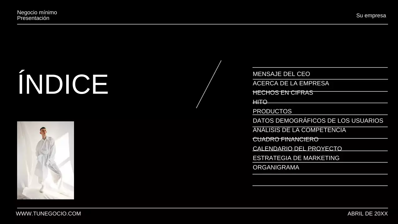 Presentación empresarial minimalista en blanco y negro