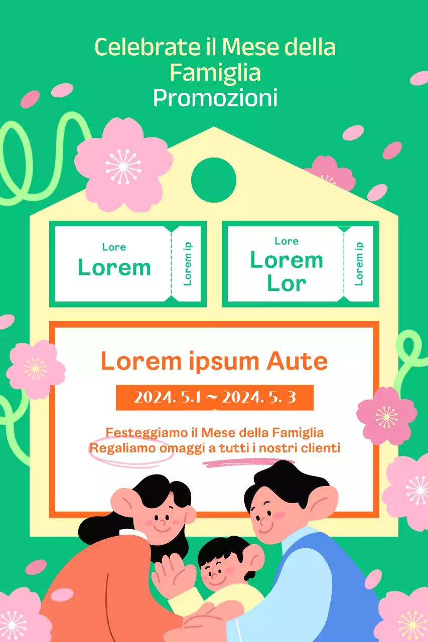 Striscione del Mese della Famiglia con fiori di ciliegio sullo sfondo