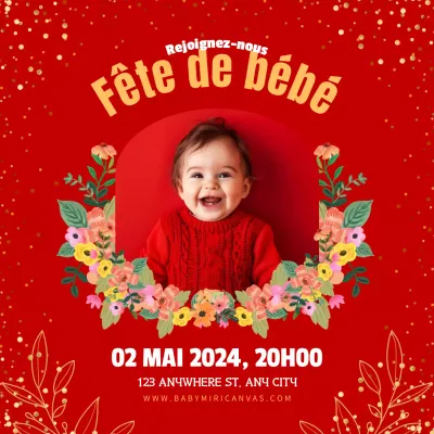 Invitation à la fête de bébé rouge et jaune
