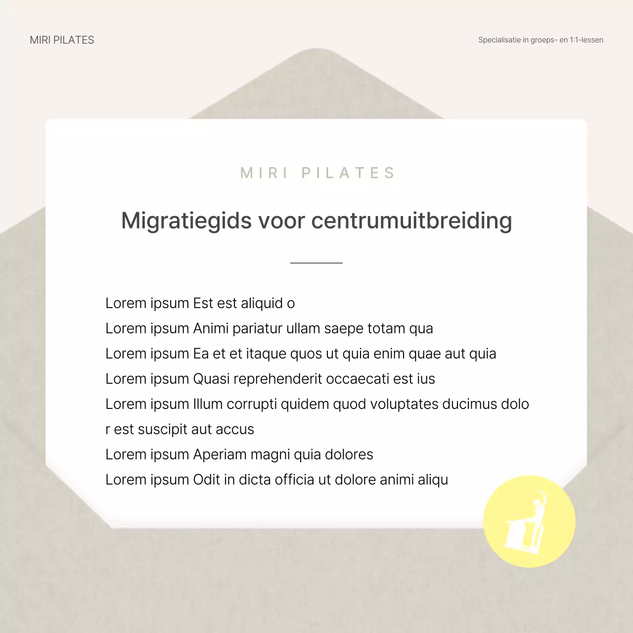 Modern Pilates in beige en geel social media marketing feed aankondiging