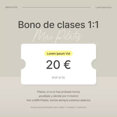 Promociona un cupón para una experiencia moderna de clases de Pilates en beige y amarillo