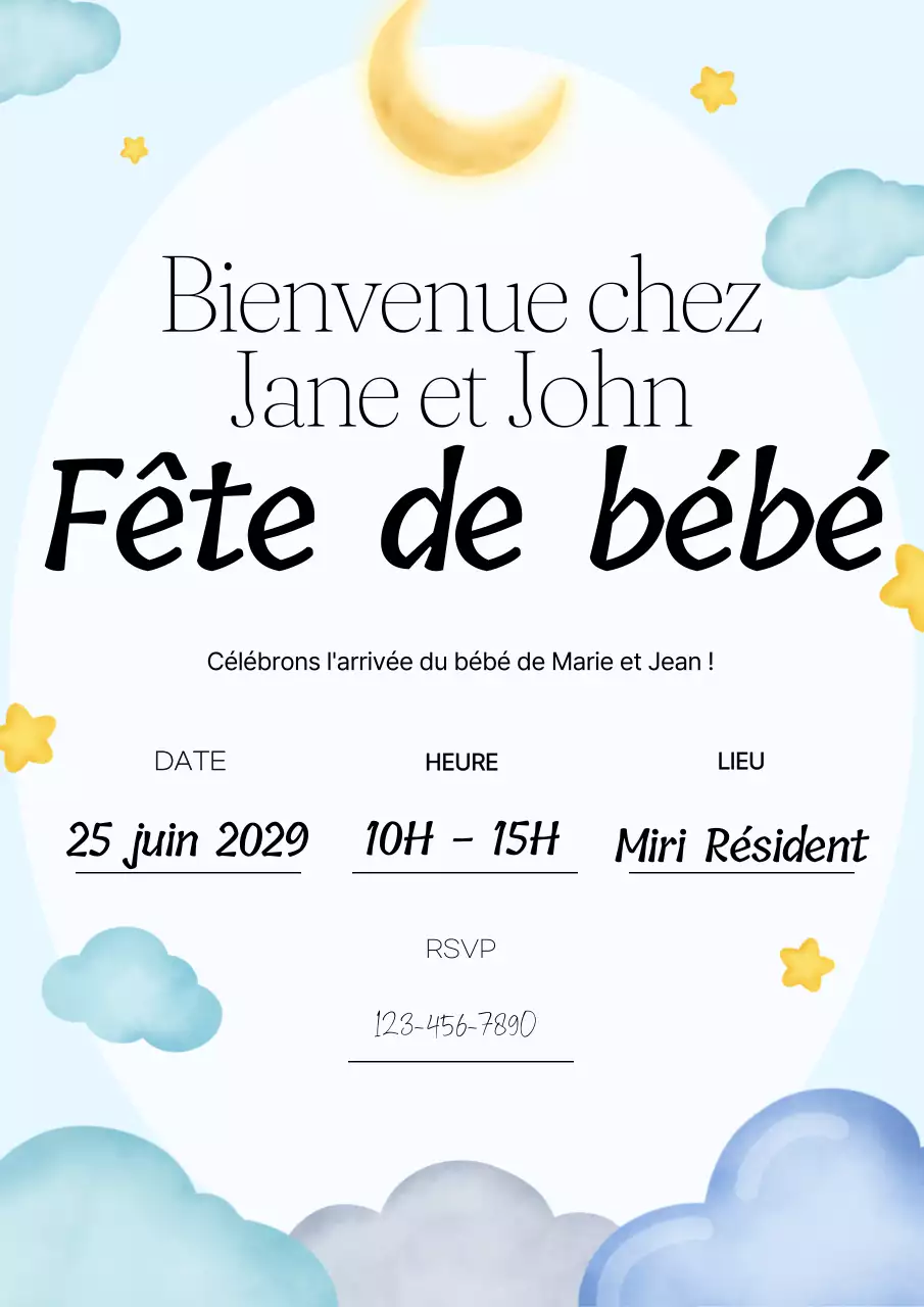 Invitation à la fête de bienvenue pour une baby shower moderne en bleu et blanc