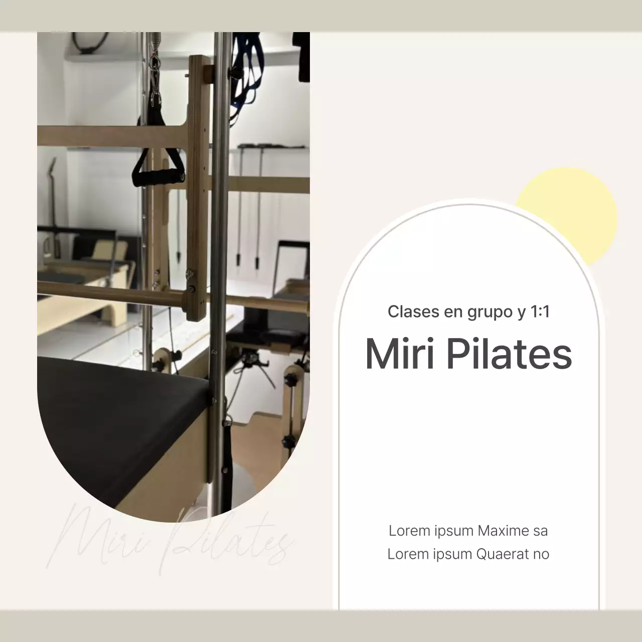 Promover la introducción de un moderno centro de marketing de Pilates en las redes sociales en beige y amarillo