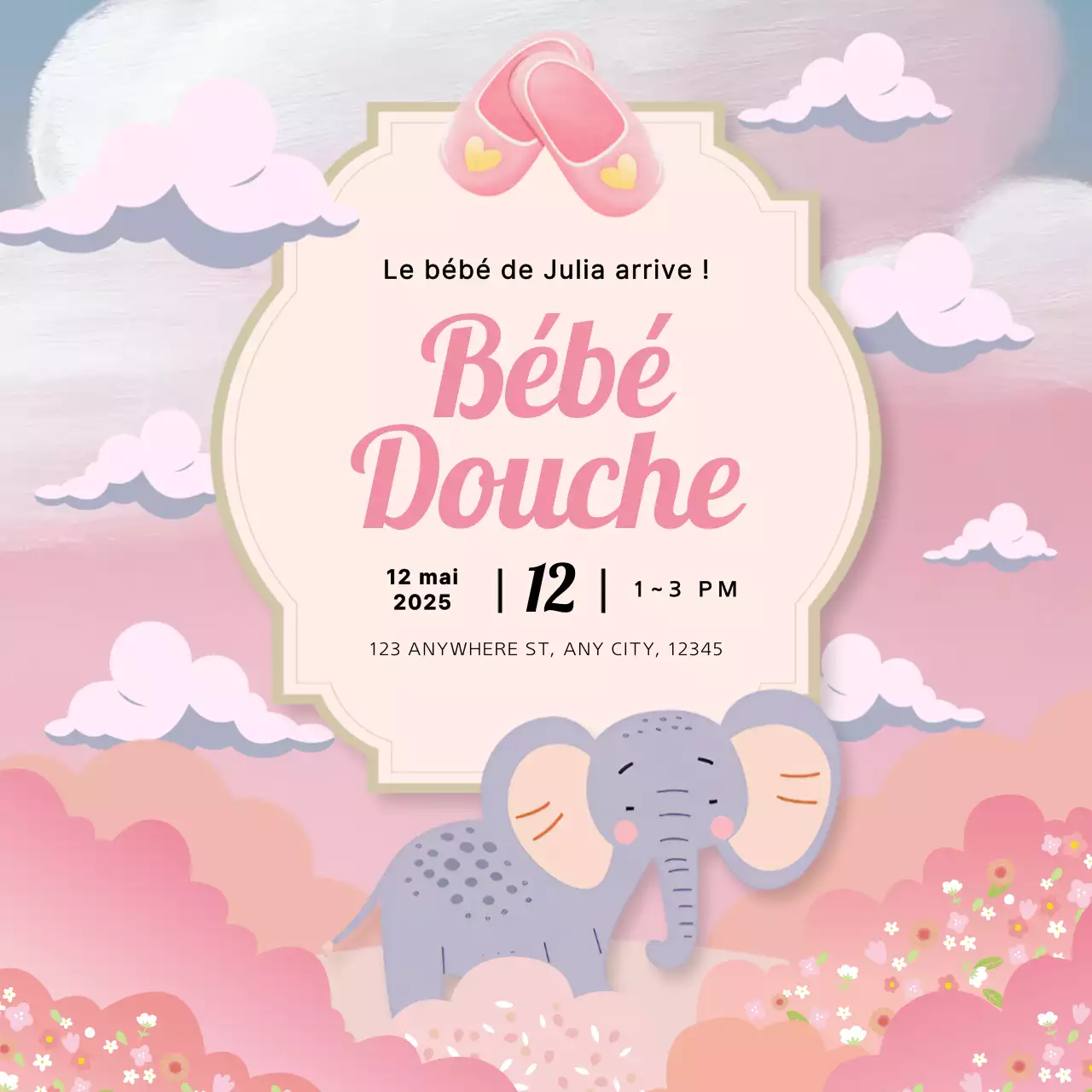 Invitation à la fête de bébé avec illustration d'éléphant gris et rose