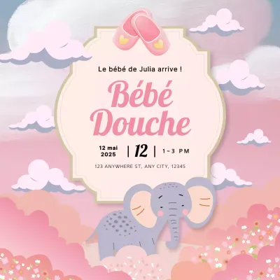 Invitation à la fête de bébé avec illustration d'éléphant gris et rose