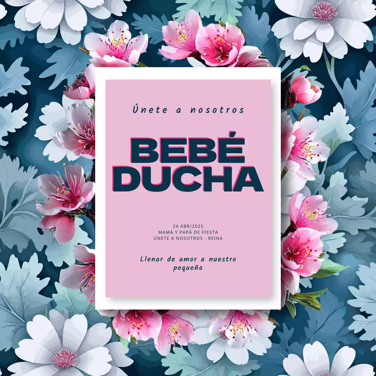 Invitación floral azul marino y rosa para baby shower