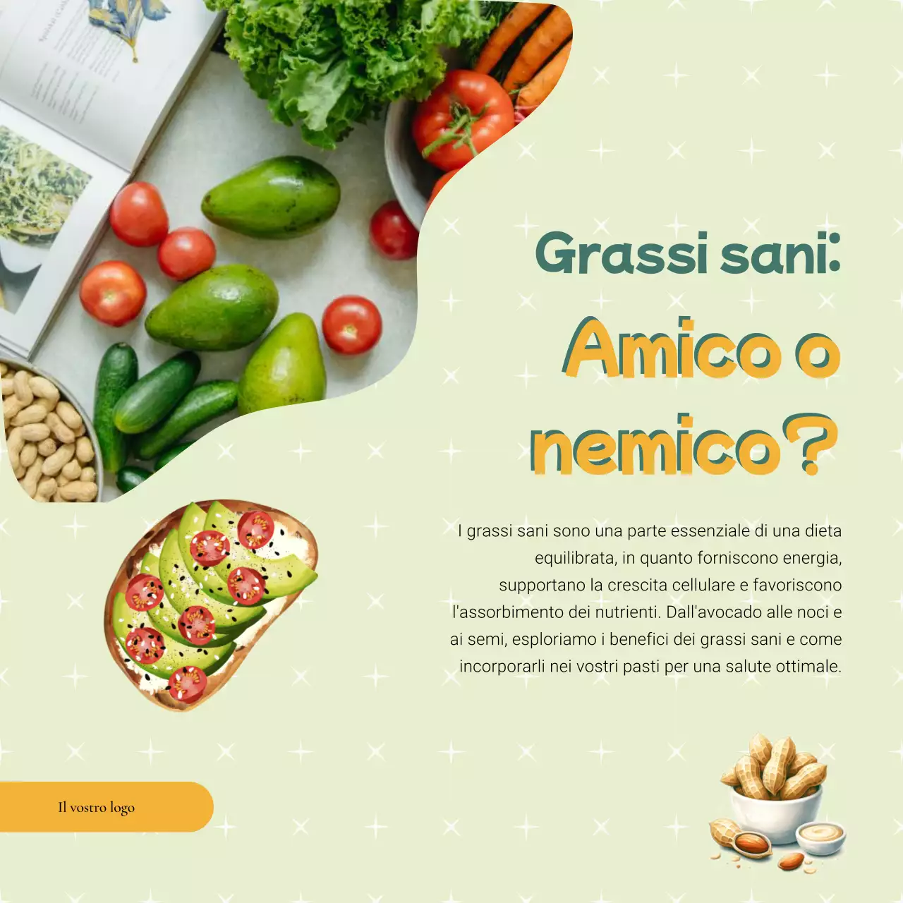 Pubblicità verde e gialla su alimenti e diete sane e moderne