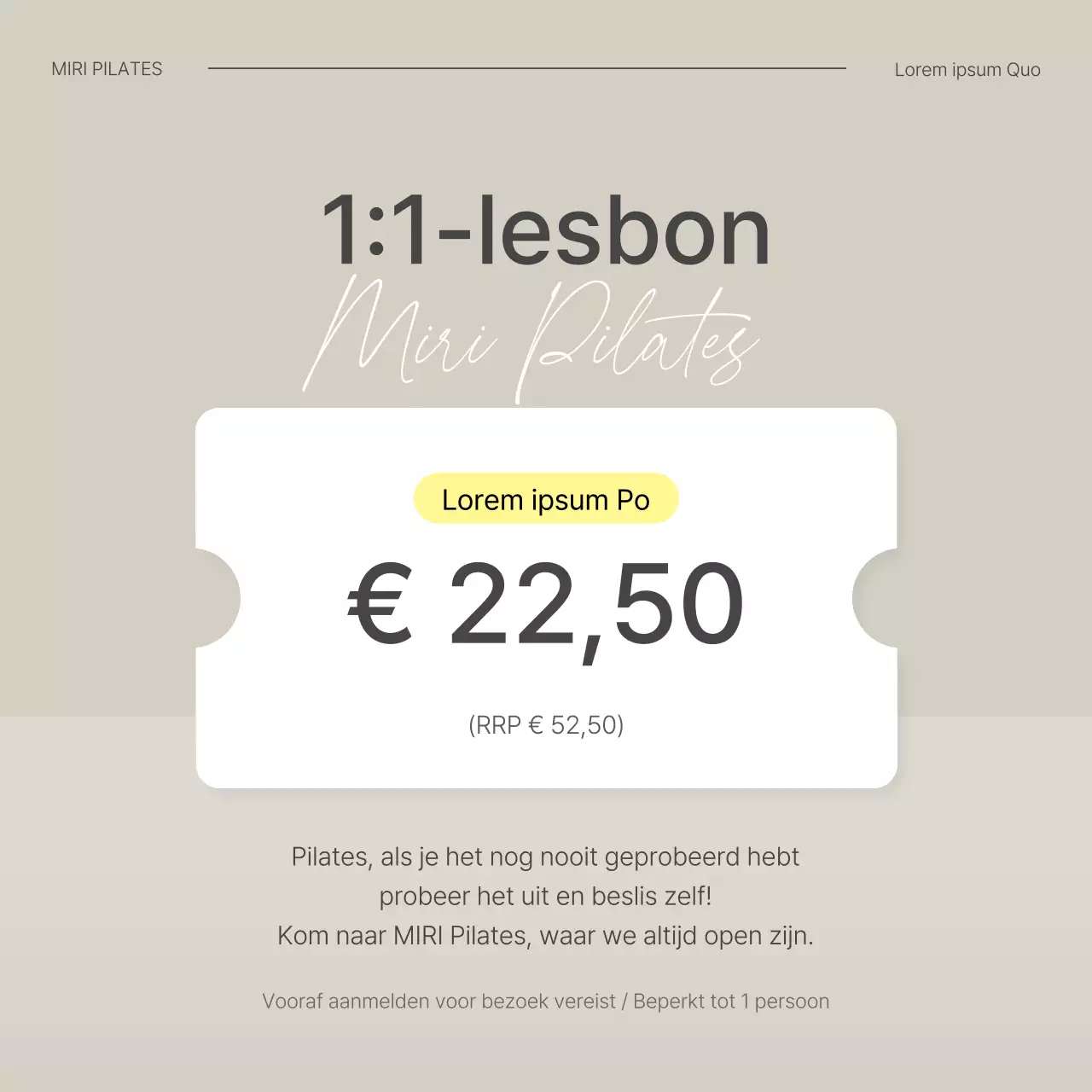Promoot een coupon voor een moderne Pilates-leservaring in beige en geel