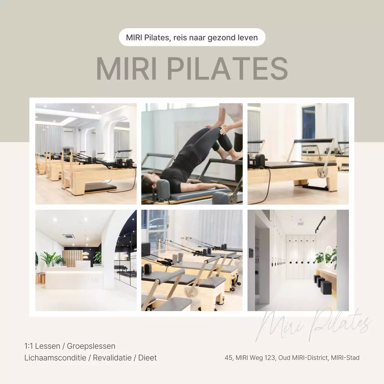 De introductie promoten van een modern Pilates social media marketing centrum in beige en geel