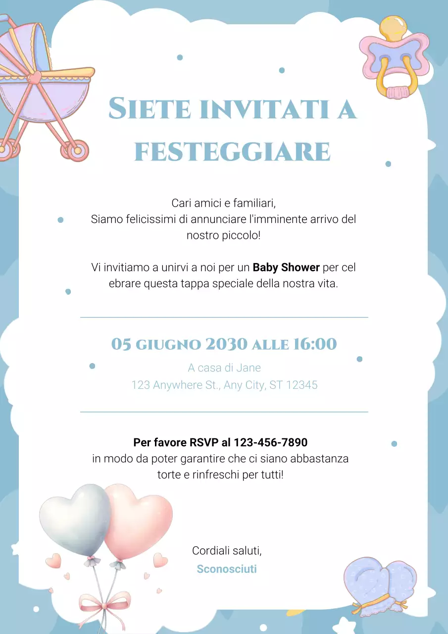 Invito per baby shower con animazione blu cielo