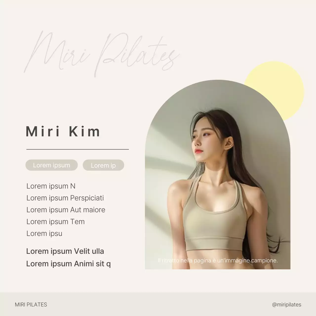 Social media marketing di Modern Pilates in beige e giallo per promuovere le presentazioni degli istruttori
