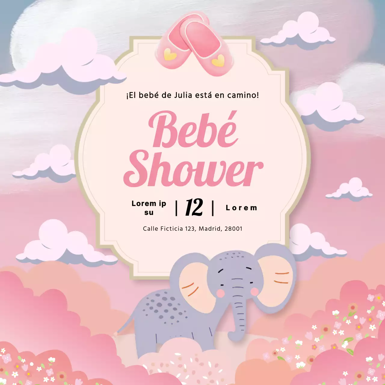 Invitación baby shower ilustración elefante gris y rosa