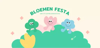 Een vrolijk gekleurd bloemenfestival met schattige figuurtjes en bloemen, wolken en gras