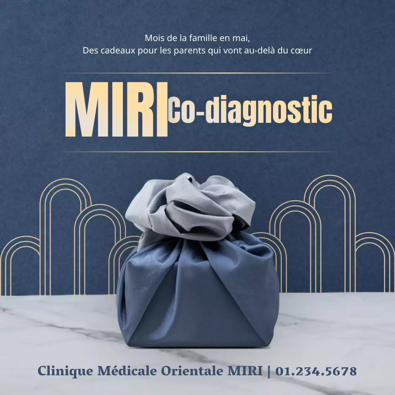 Publicité pour les médicaments traditionnels à base de plantes pour la fête des mères, en bleu marine et or