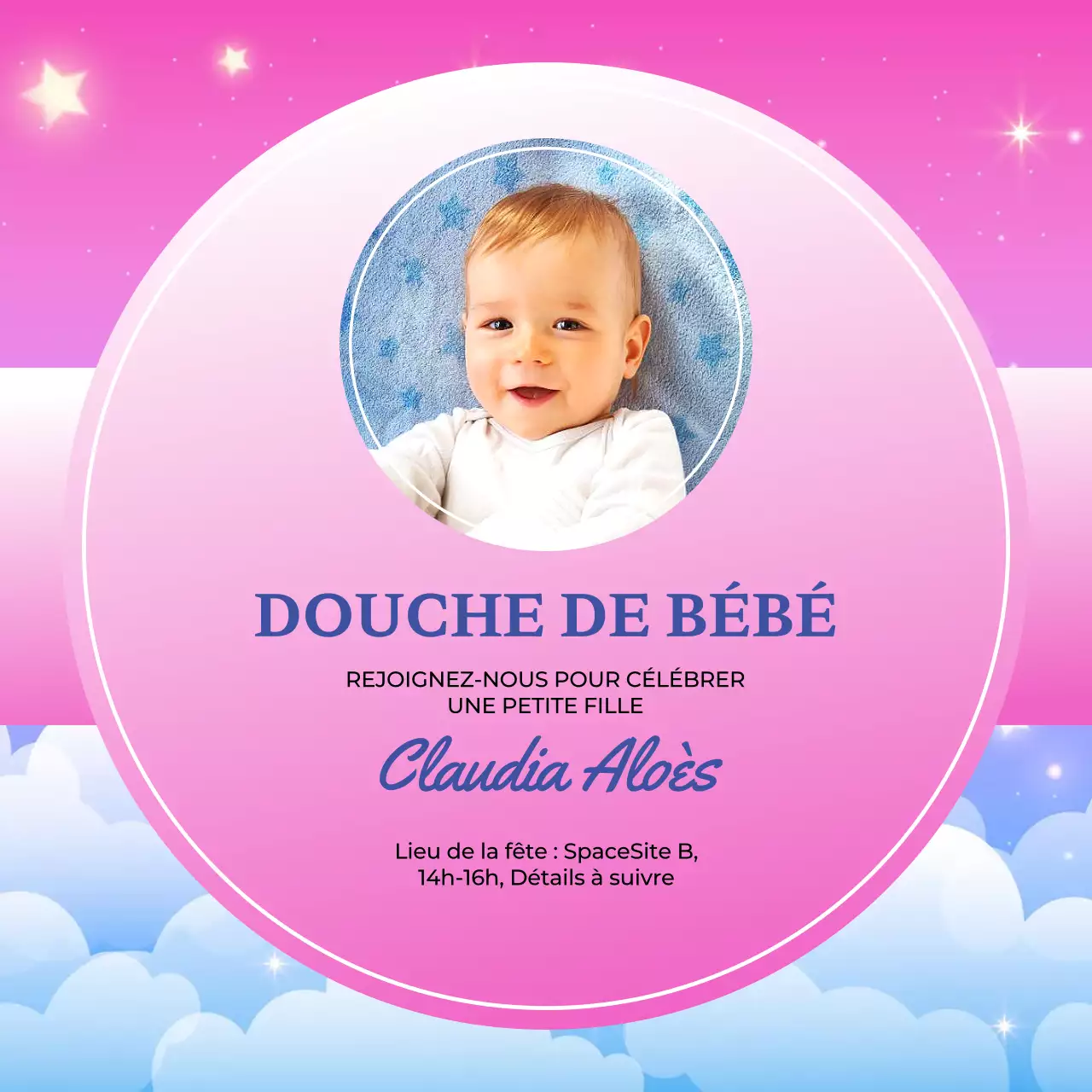 Invitation à la fête de bébé rose céleste