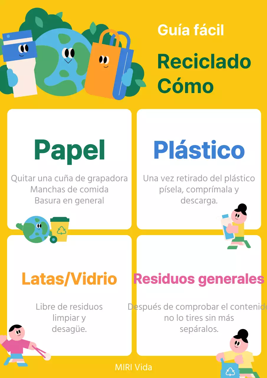 Un puesto de reciclaje kitsch amarillo y verde